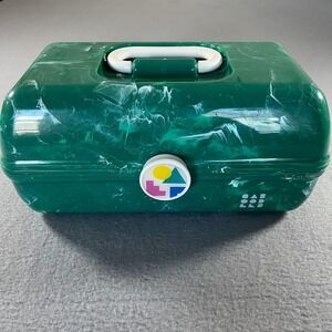 Vintage Caboodles Makeup Organizer Case Green Marble Mirror 90s Retro Vanity Box